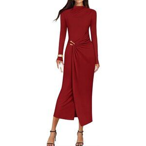 Zesica Women's Red Long Sleeve Mock Neck Long Midi Bodycon Cocktail Dress